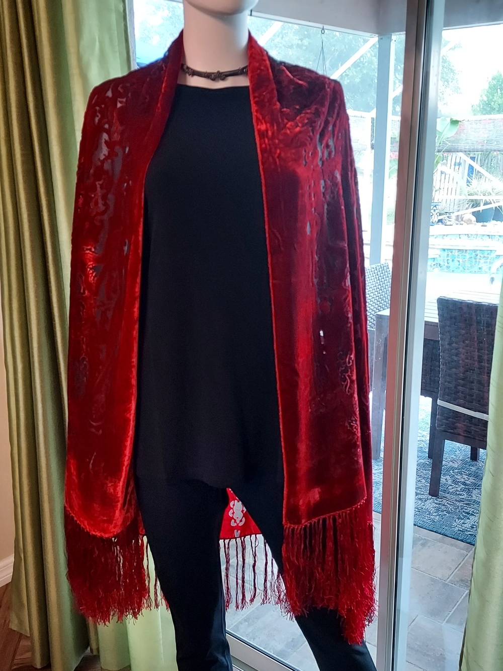 Luxurious Red Velvet Fringe Burn- Out Wrap Women's Accessory. 70 X 38